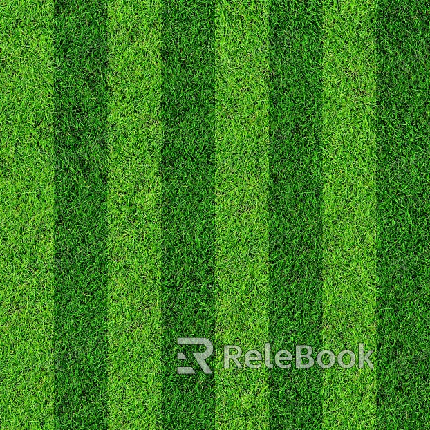 A vast, lush green turf stretches across the image, neatly trimmed and dotted with small wildflowers, under a bright blue sky. Perfectly lined rectangles suggest a well-maintained sports field or golf course.