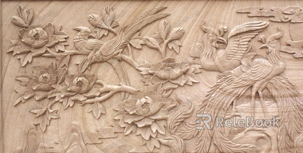 A finely detailed wood carving depicting a mythological creature, possibly a dragon or a griffin, showcasing intricate scales, powerful wings, and sharp claws, set against a background of swirling clouds. The craftsmanship highlights the wood's natural grain.