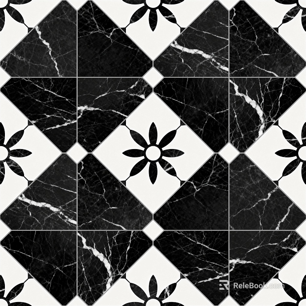 Modern Middle Ancient Style Black and White Stone Parquet Flower Geometric Pattern Water Knife Stone Parquet Floor Tile Light Luxury Black and White Parquet Marble texture