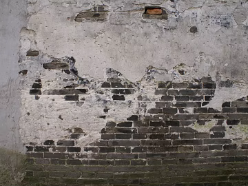Exterior wall finish of weathered gray-black brick wall texture (ID:ffaeh314686)
