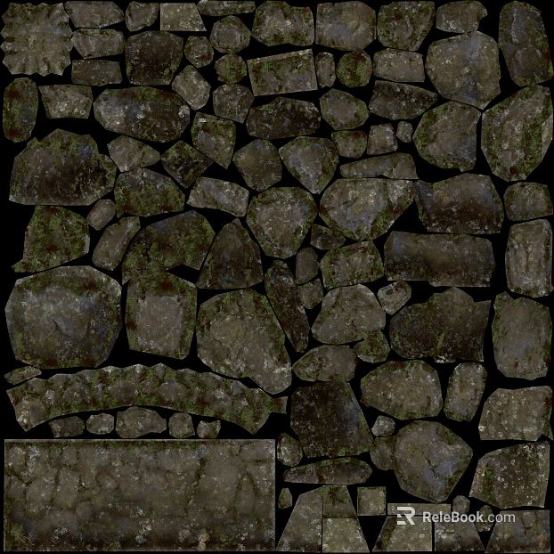 Exterior wall of dark gray rubble with moss texture
