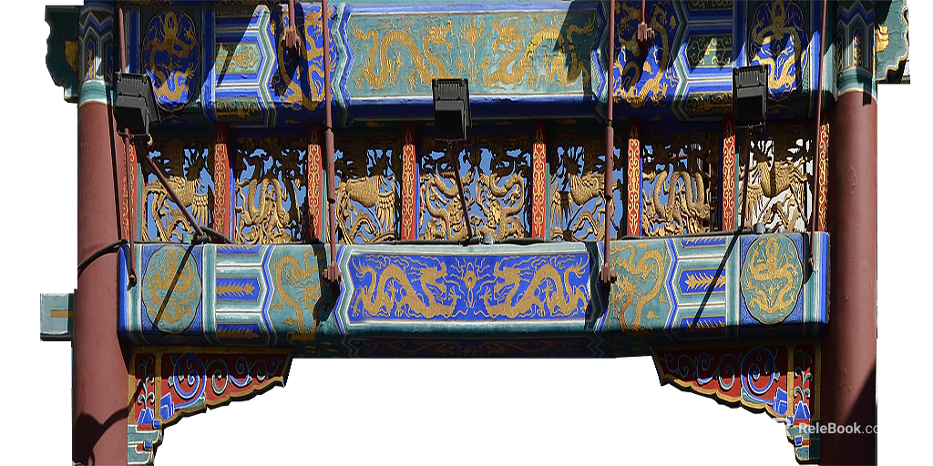 Blue gold Chinese style ancient building beam column carved texture
