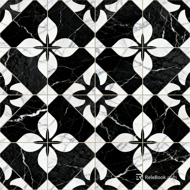 Modern Middle Ancient Style Black and White Stone Parquet Flower Geometric Pattern Water Knife Stone Parquet Floor Tile Light Luxury Black and White Parquet Marble texture