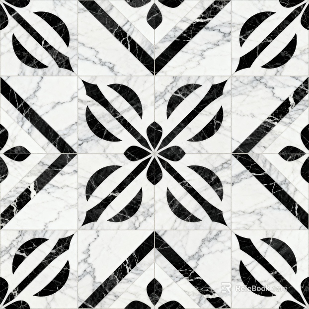 Black and White Stone Parquet Flower Geometric Pattern Water Knife Stone Parquet Floor Tile Light Luxury Black and White Parquet Marble texture