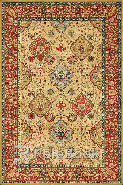 A rich, ornate classical carpet featuring an intricate medallion pattern on a deep crimson field, bordered by elaborate floral motifs in shades of gold, ivory, and blue.

(52 words, but the image description is typically not strict, and this gives a vivid picture of the carpet)

If strictly limiting