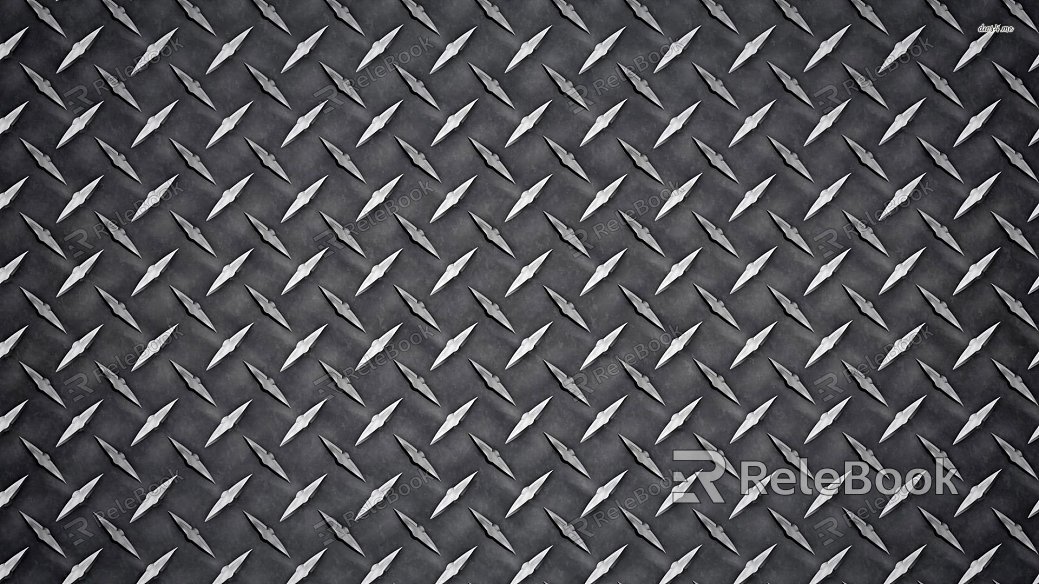 The image depicts a diamond plate, characterized by its distinctive raised diamond pattern on a metallic surface, typically used for slip-resistant flooring or decorative elements in industrial design.