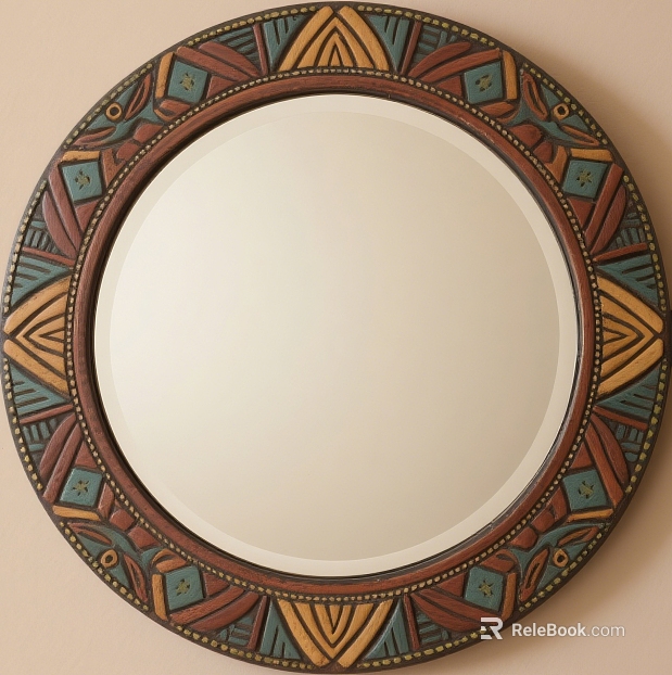 Ethnic style retro carved wooden round mirror texture