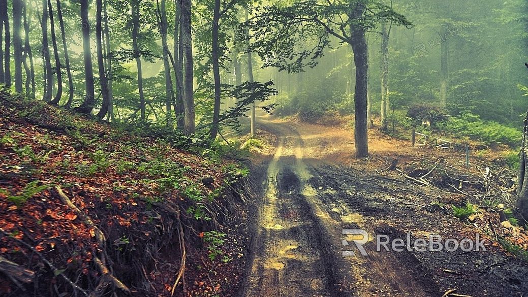 A vast, wild landscape unfolds, dominated by lush, dense forests that stretch to the horizon. Towering trees, their canopies forming a verdant ceiling, contrast with the rugged earth below, dotted with rocks and fallen logs, all bathed in a soft, diffused light.