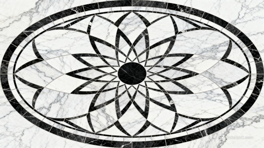 Modern European Style Black and White Stone Parquet Flower Geometric Pattern Water Knife Cut Parquet Floor Tile Light Luxury Black and White Parquet Marble Black and White Oval Parquet Entrance Stone Parquet texture
