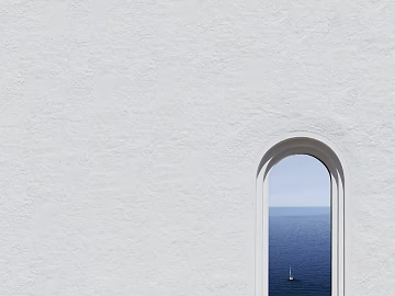 White Art Lacquer Wall Arched Window with Sea View texture (ID:ffaeh431194)