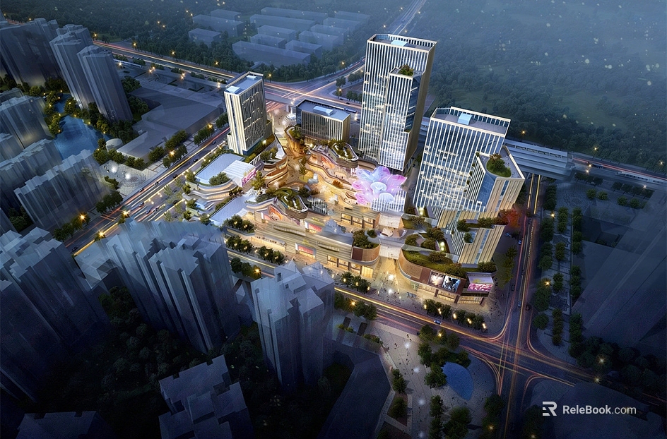 Night view of a modern urban commercial complex texture