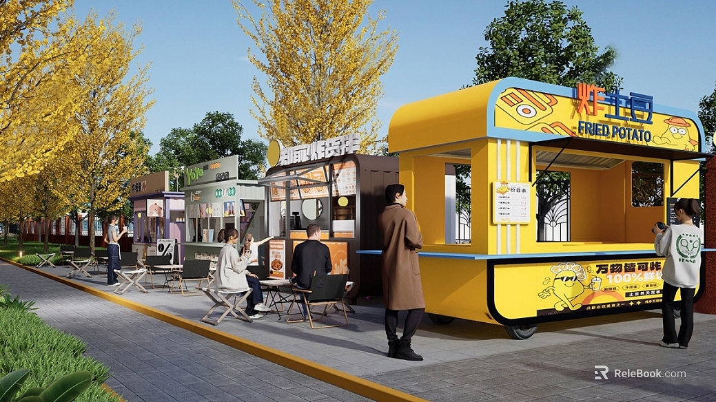 Modern commercial street snack car scene texture