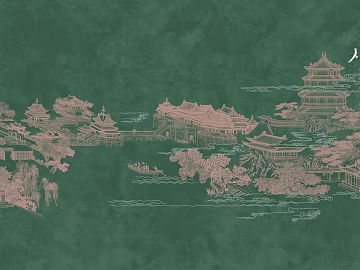 Dark green Chinese architectural landscape wallpaper texture (ID:ffaeh357791)