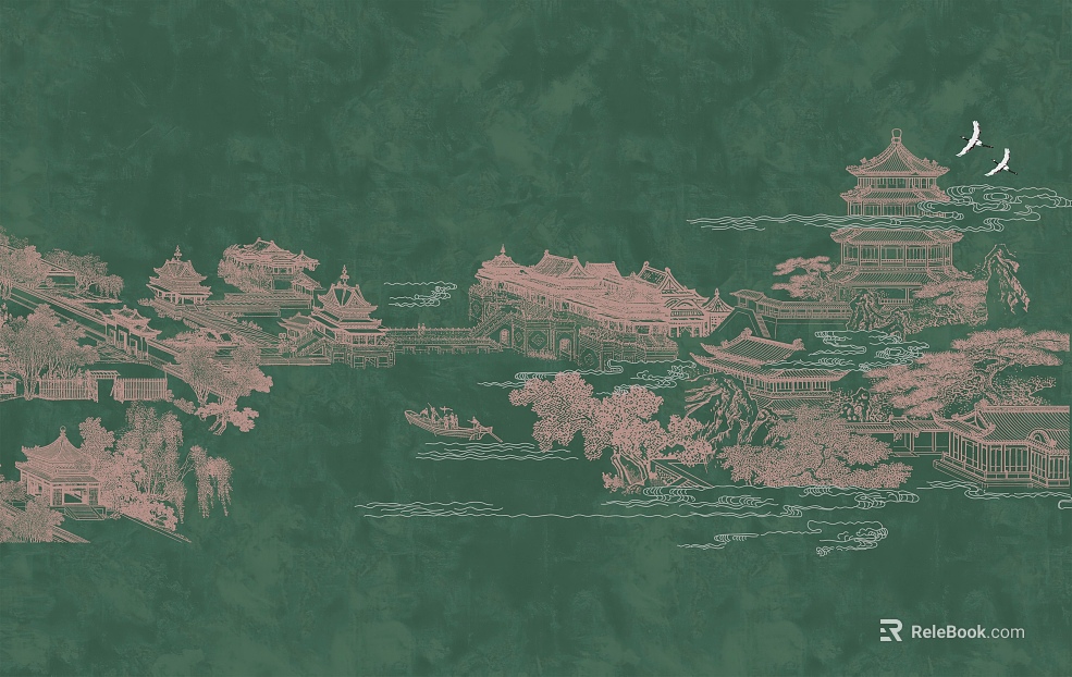 Dark green Chinese architectural landscape wallpaper texture