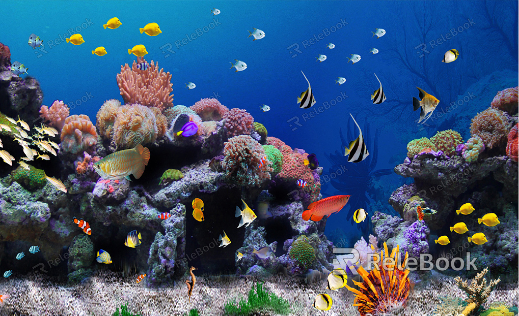 A vibrant, aquatic scene unfolds in this fish tank photo: multicolored fish swim amidst lush green plants, under a network of twisted roots, all bathed in a soft, blue-green light.