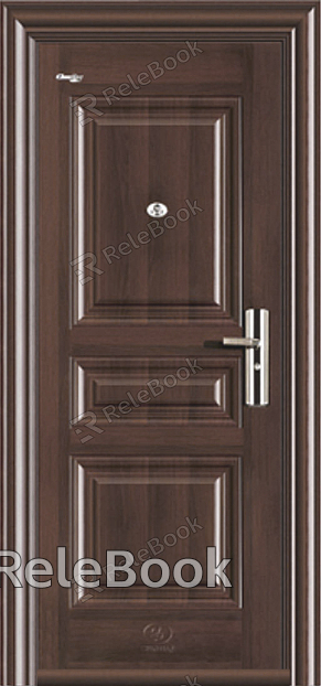 A rustic wooden door with a natural, textured surface, featuring a simple metal handle and hinge, set against a shadowy background. The wood's grain and knots are prominently displayed, adding character to the door.