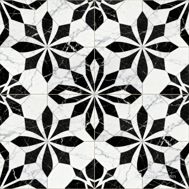 Modern Middle Ancient Style Black and White Stone Parquet Flower Geometric Pattern Water Knife Stone Parquet Floor Tile Light Luxury Black and White Parquet Marble texture