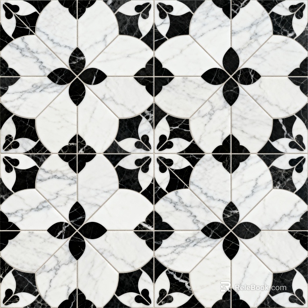 Modern Middle Ancient Style Black and White Stone Parquet Flower Geometric Pattern Water Knife Stone Parquet Floor Tile Light Luxury Black and White Parquet Marble texture