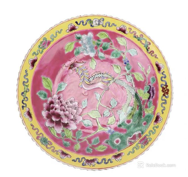 Chinese Style Pastel Phoenix Peony Porcelain Plate texture
