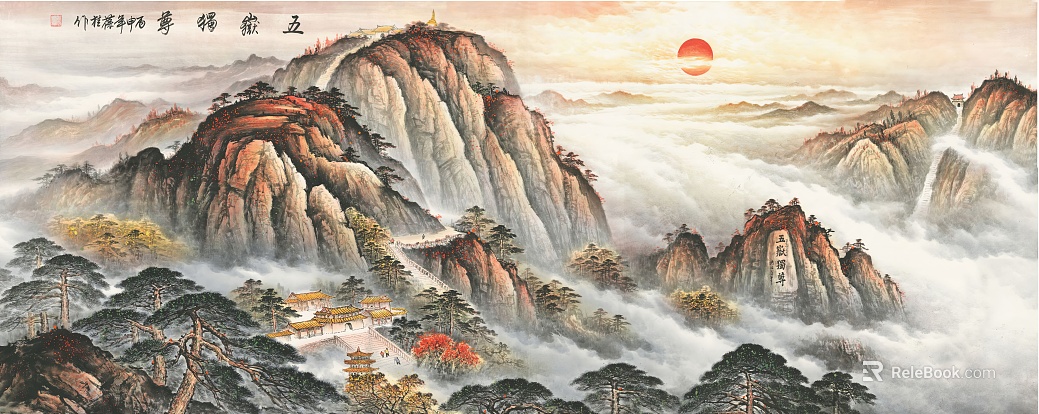 Chinese style landscape painting of five mountains texture