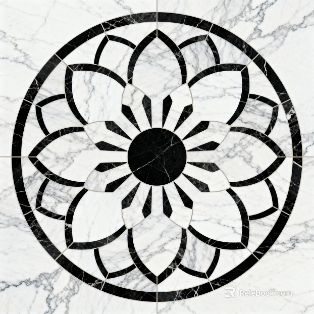 Modern Black and White Stone Parquet Flower Geometric Pattern Water Knife Cut Parquet Floor Tile Light Luxury Black and White Parquet Marble Black and White Stone Round Parquet Hallway Round Parquet texture
