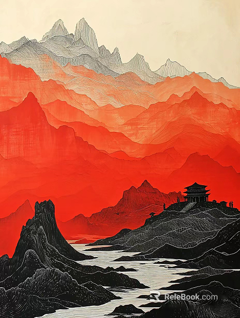 Red element landscape decorative painting national style texture