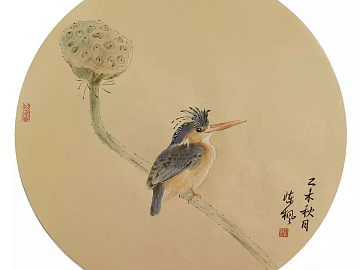 Chinese style decorative painting of kingfisher lotus texture (ID:ffaeh796936)