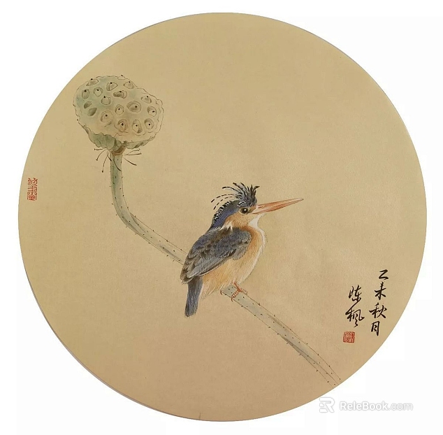Chinese style decorative painting of kingfisher lotus texture