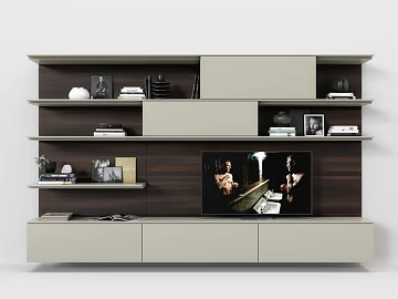 Dark brown wood grain modern TV background wall 3d model