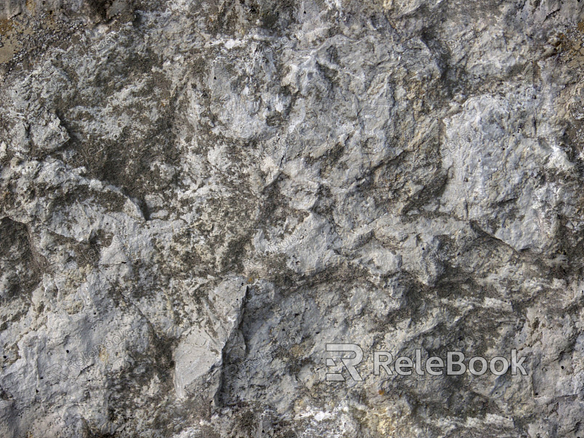 A close-up of a rugged, gray rock surface, dotted with white mineral veins and patches of lichen, showcasing nature's intricate textures and patterns.