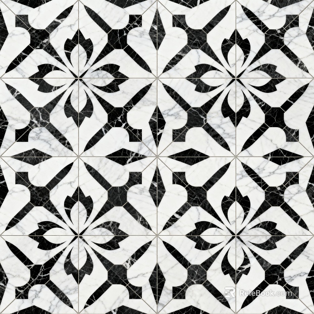 Modern Middle Ancient Style Black and White Stone Parquet Flower Geometric Pattern Water Knife Stone Parquet Floor Tile Light Luxury Black and White Parquet Marble texture