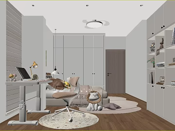 Modern light gray children's room bedroom space 3d model