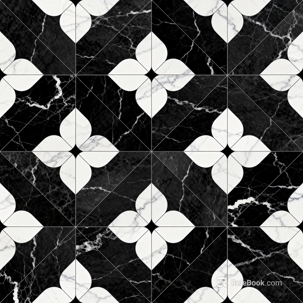 Modern Middle Ancient Style Black and White Stone Parquet Flower Geometric Pattern Water Knife Stone Parquet Floor Tile Light Luxury Black and White Parquet Marble texture