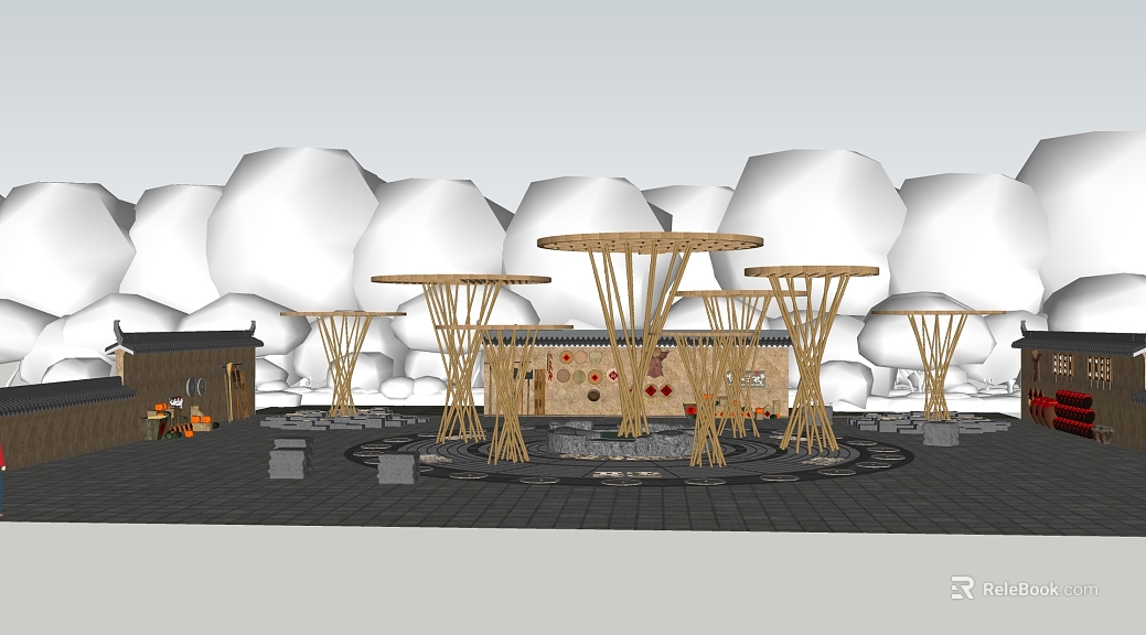 Chinese-style bamboo-structured village square scene texture