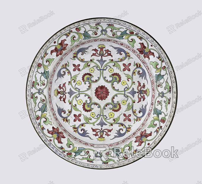 A round, white ceramic plate with a delicate blue floral pattern along the rim, showcasing oriental aesthetics.