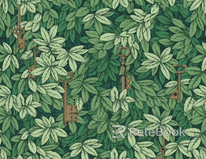 A vibrant, abstract plant pattern featuring a kaleidoscope of green leaves with intricate, swirling veins against a dark background, creating a mesmerizing, almost three-dimensional effect.