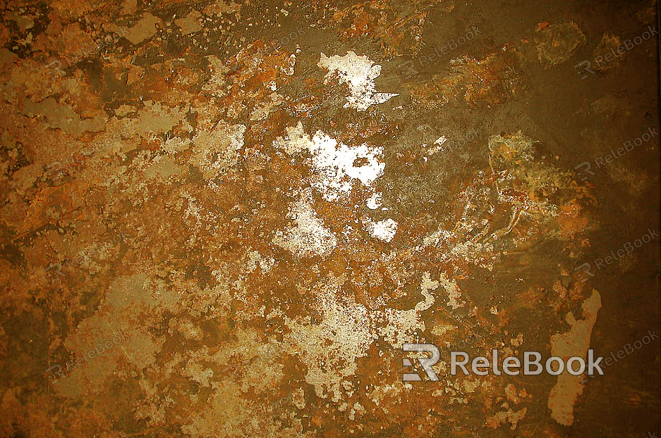 A heavily rusted metal surface, showcasing a dominant red-brown patina with patches of green corrosion, against a backdrop of peeling, weathered paint, revealing layers of history and decay.