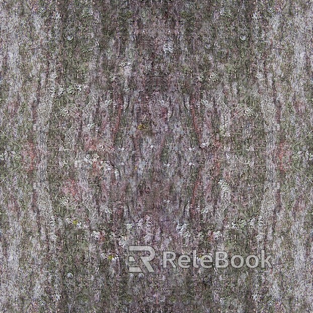 A close-up of a weathered, brown tree bark with deep, vertical cracks and moss growth, set against a blurred green foliage background.