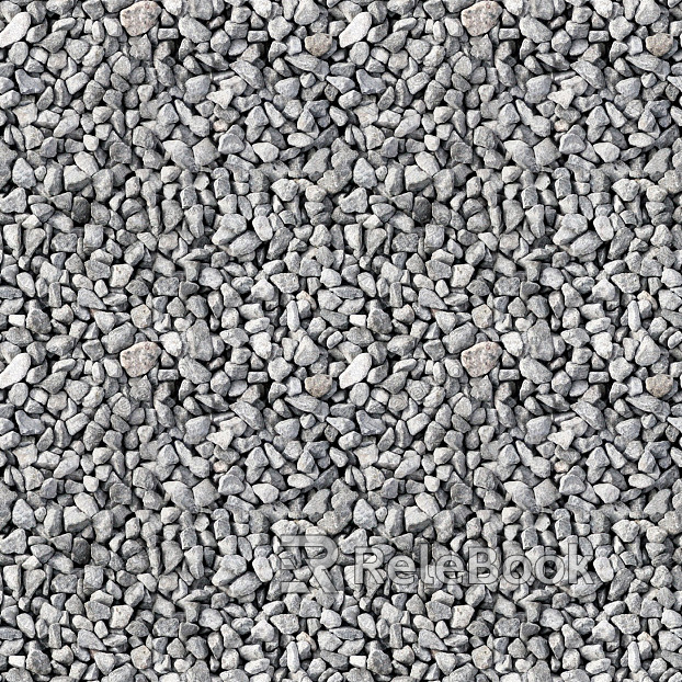 A coarse, granular texture of gravel, comprised of small, irregularly shaped stones in shades of gray and beige, scattered across a flat surface.