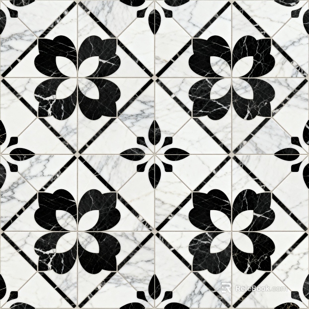 Modern Simple Antique Black and White Stone Parquet Flower Geometric Pattern Water Knife Cut Parquet Floor Tile Light Luxury Black and White Parquet Marble texture