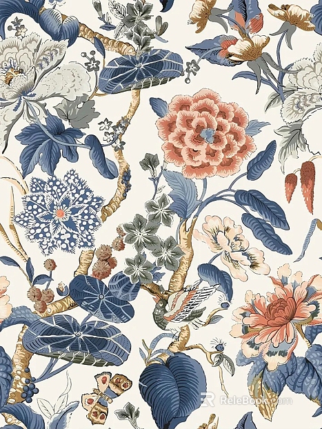 Chinese blue powder flower and bird pattern wallpaper texture