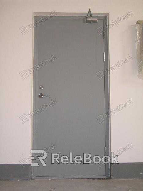 A sturdy, industrial metal door with a textured surface, featuring rivets and a rectangular window at eye level, set against a concrete backdrop.