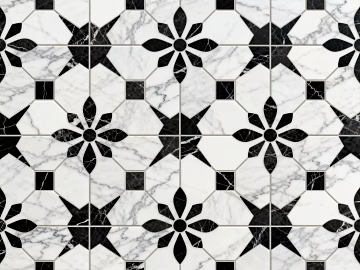 Modern Middle Ancient Style Black and White Stone Parquet Flower Geometric Pattern Water Knife Stone Parquet Floor Tile Light Luxury Black and White Parquet Marble texture (ID:ffaeh923827)