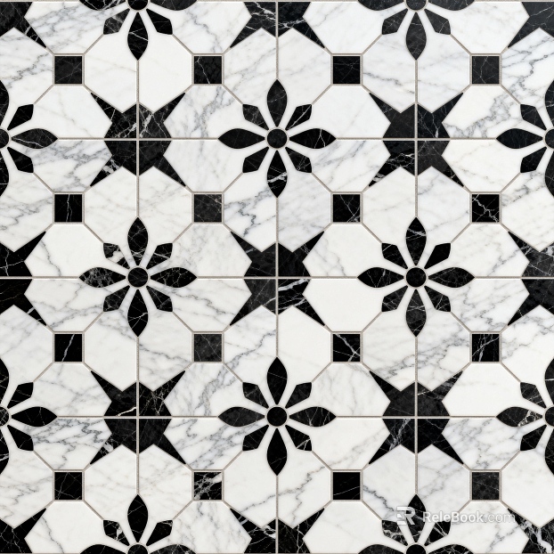 Modern Middle Ancient Style Black and White Stone Parquet Flower Geometric Pattern Water Knife Stone Parquet Floor Tile Light Luxury Black and White Parquet Marble texture