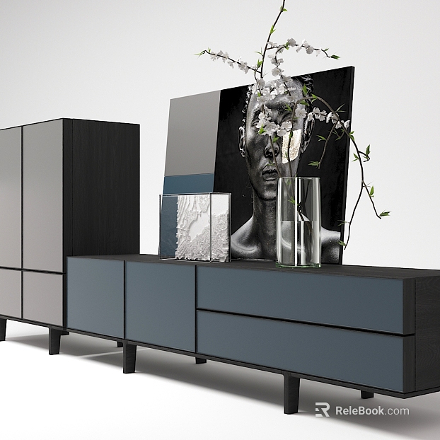 Modern black gray wood color TV cabinet combination texture