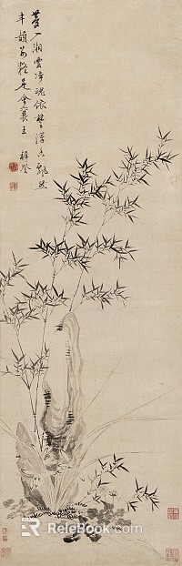 Ink-Wash Bamboo and Rocks Painting, Chinese-Style Decorative Artwork texture