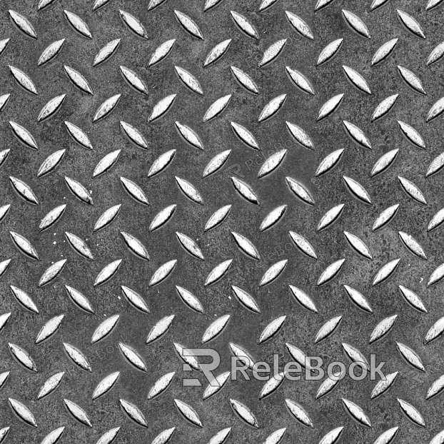 Section of diamond plate, characterized by its distinctive raised diamond pattern on a flat surface, typically used for industrial flooring or vehicle surfaces to provide extra grip and durability.