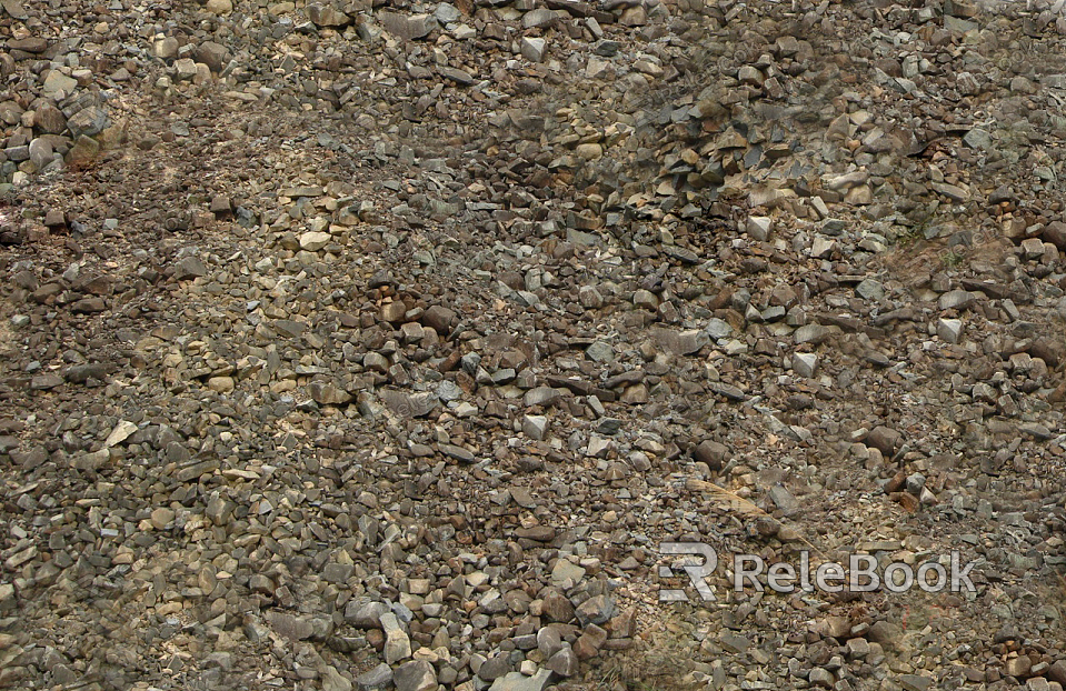 The image depicts a close-up of gravel, showcasing an assortment of small, irregularly shaped stones with various hues of gray, brown, and black, set against a contrasting light background.