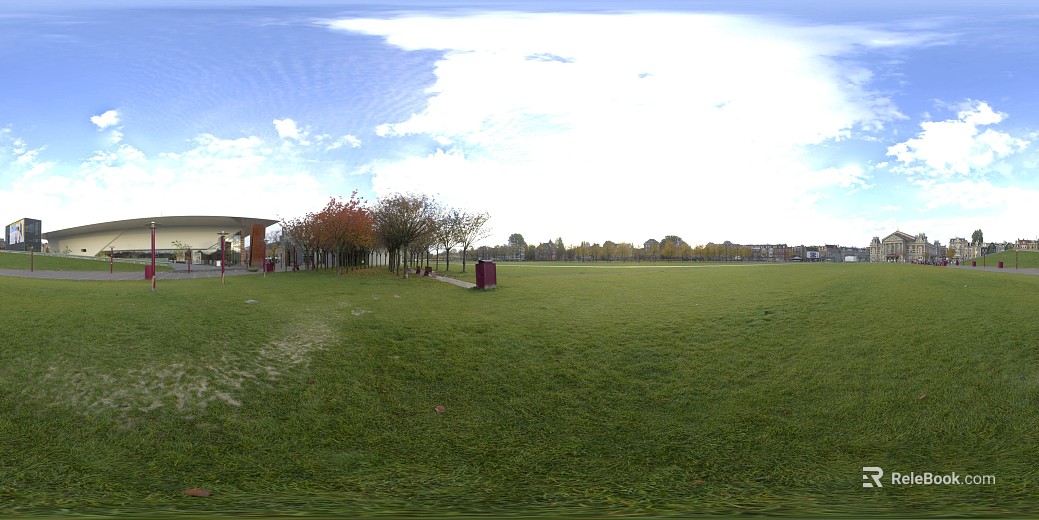 city building lawn blue sky white clouds HDR texture