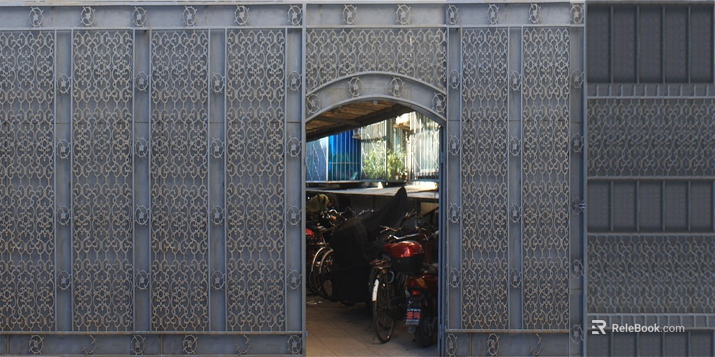 Black-gray wrought iron carved gate texture